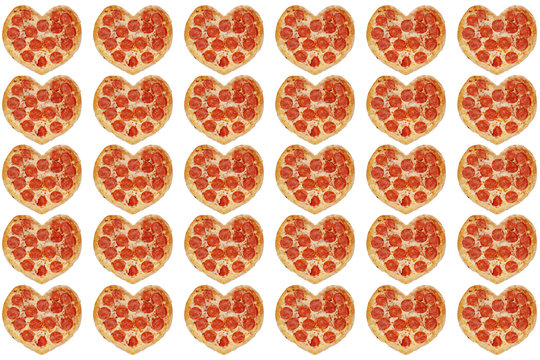 many pizza with shape of heart background isolated. valentines day concept. pizza background for 14 february