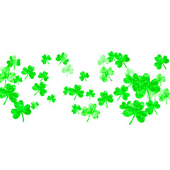 Saint patricks day background with shamrock. Lucky trefoil confetti. Glitter frame of clover leaves. Template for voucher, special business ad, banner. Greeting saint patricks day backdrop.