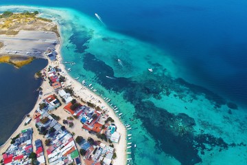 Los Roques, Carribean sea. Fantastic landscape. Aerial view of paradise island with blue water....