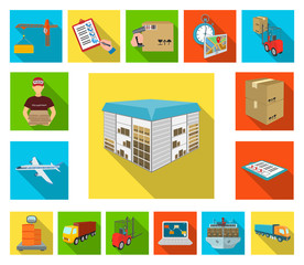 Logistics and delivery flat icons in set collection for design. Transport and equipment isometric vector symbol stock web illustration.