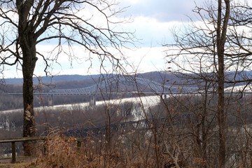 A view of the bridge and the flowing river from the woods.
