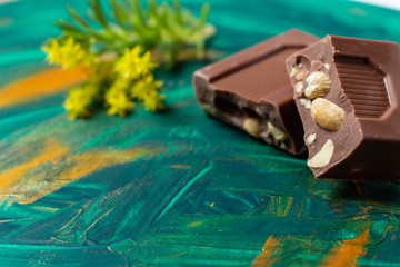 Chocolates on a green rustic board. Elements for the snack.