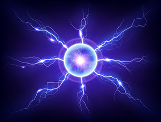 Electric plasma lightning thunderball discharge on dark background. Realistic vector illustration