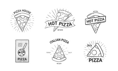 Fototapeta premium Set of monochrome logotypes with pizza slices and wheel cutter hand drawn in elegant vintage style. Vector illustration for label or logo of Italian cuisine restaurant, food delivery service.