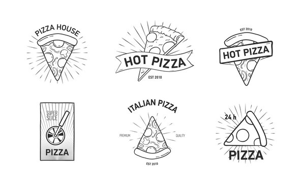 Set of monochrome logotypes with pizza slices and wheel cutter hand drawn in elegant vintage style. Vector illustration for label or logo of Italian cuisine restaurant, food delivery service.