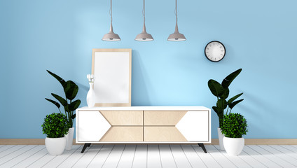 Tv shelf in mint room modern zen style - empty room interior - minimal design. 3d rendering 