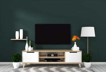 Smart Tv with blank screen hanging on the wall dark green on white wooden floor mockup. 3d rendering