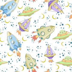 Rockets and starry sky seamless pattern. Cartoon drawn missiles. Starry journey. Children background. Watercolor.  Print on paper or textile.