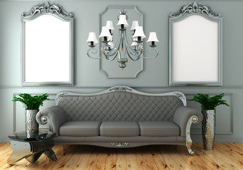 Interior living luxury classic style, decoration gray wall on wooden floor, 3D rendering
