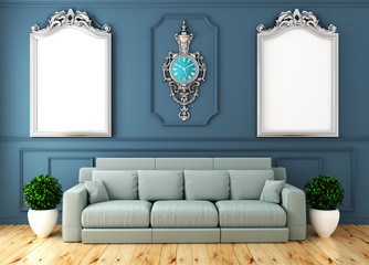 Empty luxury room interior with sofa in room blue wall on wooden floor. 3D rendering
