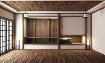 Japanese display Room interior, wooden flooring on light White background. 3D rendering 