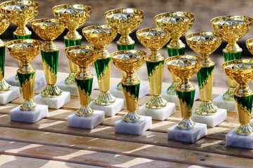 Group of  golden trophies championship awards in row