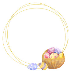 Watercolor hand drawn geometric frame of happy easter. eggs, all isolated on a white. for invitation, greeting cards