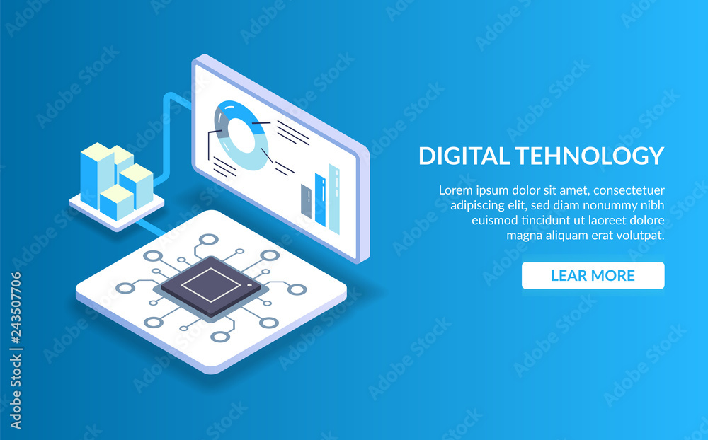 Poster didgital technology. the concept of processing big data with the help of modern technology. computer