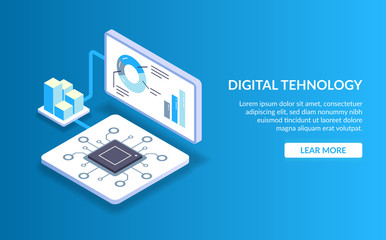 Didgital technology. The concept of processing big data with the help of modern technology. Computer or server processor. Isometric vector illustration.