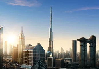 Fototapete Burj Khalifa Panoramablick auf die Innenstadt von Dubai bei Sonnenuntergang