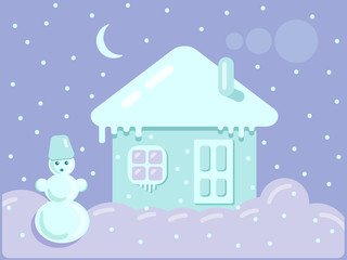 Vector Illustration card. Winter landscape. house and snowman. 