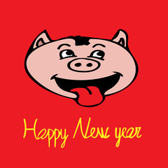 Hand illustration of yellow happy new year+pig face on red background. Poster, card, clothes, bags, banner, postcard.