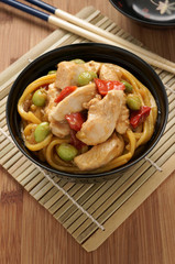 Teriyaki chicken with egg noodles edamame and red peppers