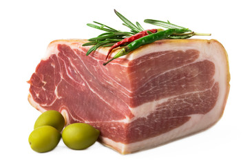 The finest prosciutto  with rosemary,  red pepper and olives white background