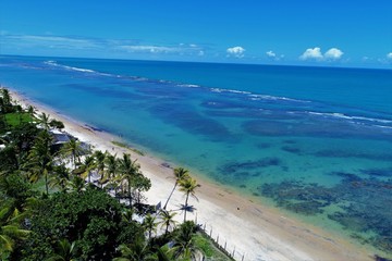 Aerial view of a paradise sea with clear water. Fantastic landscape. Great beach view. Arraia d’Ajuda, Bahia, Brazil