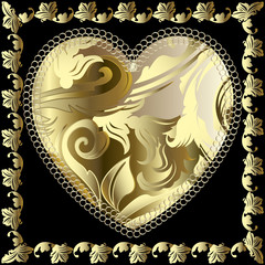 Baroque 3d vector love heart pattern. Ornamental gold Damask background. Decorative patterned floral lace love heart. Old vintage ornament in baroque Victorian style. Antique style baroque frame.
