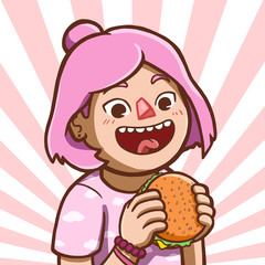 Asian girl eating hamburger