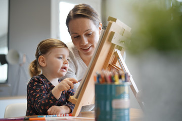 Mother and young daughter drawing together at home on easel