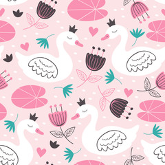 pink seamless pattern with white princess swan  - vector illustration, eps