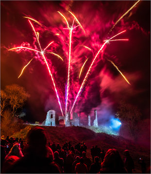 Spectacular fireworks display over a castle