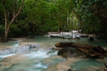 Naklejka premium Beautiful waterfall - Erawan waterfall at Erawan National Park in Kanchanaburi, Thailand.
