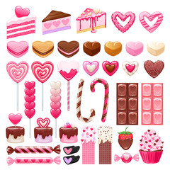 Valentine's day sweets set. Assorted candies and cakes.