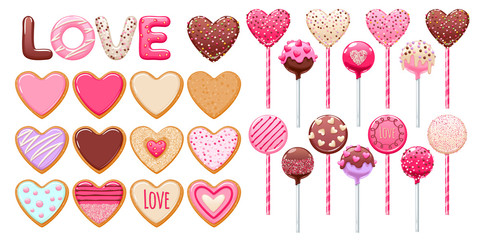 Valentine's day cookies, cake pops and lollipops set.