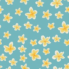 Elegance seamless pattern in vintage style with Plumeria flowers on blue background.