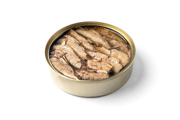 Sprats in tin can isolated on white background.