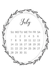 Desk calendar 2019 PRINTABLE, Botanical Floral Sketch Wild Flowers Wreaths, Monthly