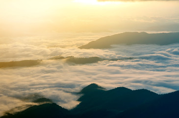 Fantastic view of mountain valley covered with low white puffy like snow clouds stretching to foggy...