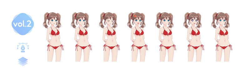 Set sprites emotions anime manga girls in bikini