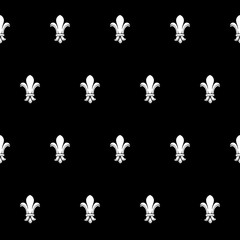 Fleur-de-lis royal french lilly flower seamless patterns. Fleur-de-lys backdrop for interior design. Imperial ornate motif tiles. White silhouettes isolated on a black background. EPS10 vector