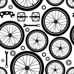 Fototapeta premium Bicycles. Wheels. Seamless pattern of bicycle parts.
