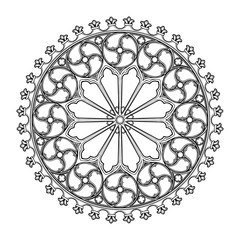 Gothic rose window. Popular architectural motiff in Medieval european art. Element for designing Coats of arms, medieval style illustrations. Black and white. EPS 10 vector illustration
