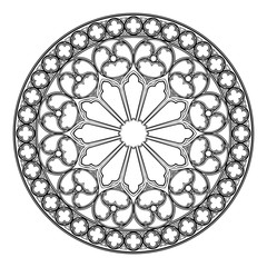 Gothic rose window. Popular architectural motiff in Medieval european art. Element for designing Coats of arms, medieval style illustrations. Black and white. EPS 10 vector illustration