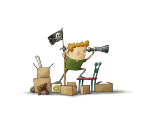 Boy pretending to be a pirate looks through a spyglass