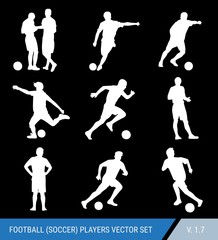 Vector white silhouettes of football players on black background. Judge and players, different poses, vector set. Football player hits the ball, runs with the ball, the judge fines the player.