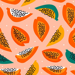Hand drawn papaya. Paper cut style. Colored vector seamless pattern. Peach background