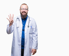 Young caucasian doctor man wearing medical white coat over isolated background showing and pointing up with fingers number four while smiling confident and happy.