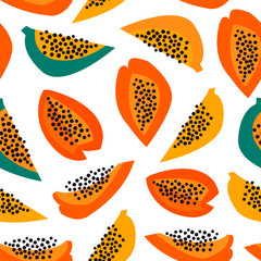 Hand drawn papaya. Paper cut style. Colored vector seamless pattern