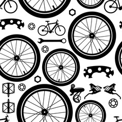 Bicycles. Wheels. Seamless pattern of bicycle parts.