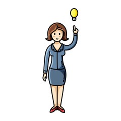 Fototapeta na wymiar Woman having an idea and pointing her finger up to the lightbulb pose. Infographic element. Vector character