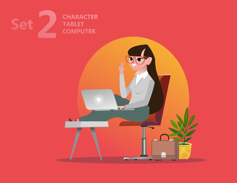 Handsome designer woman is working at his laptop. Isolated modern office interior  on the background. Vector illustration. - Vector